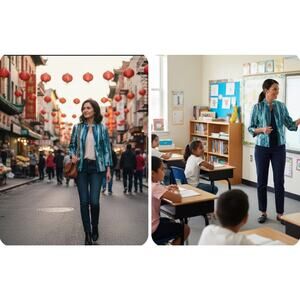 Chico's Metallic Blue White & Silver Splash 3/4 Length‎ Sleeves Jacket Size 0